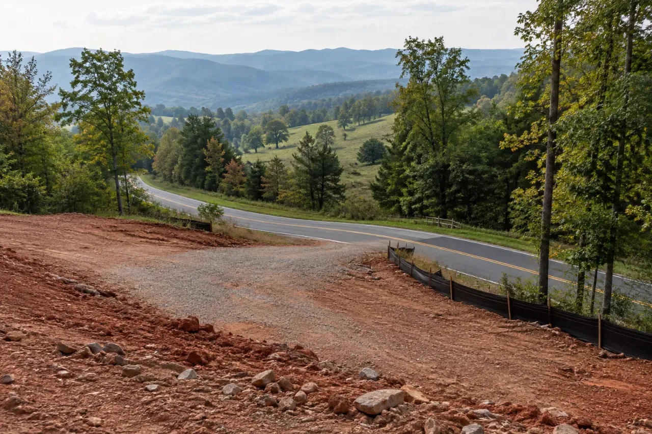 Gravel construction entrance from a cleared red clay lot onto a winding country road, with black silt fence along the edge and mountains beyond