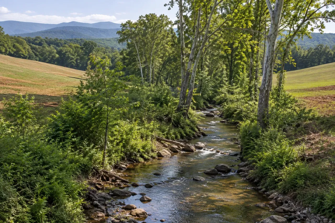 Rocky creek lined with sycamores and a wide strip of trees and shrubs between two cleared pastures