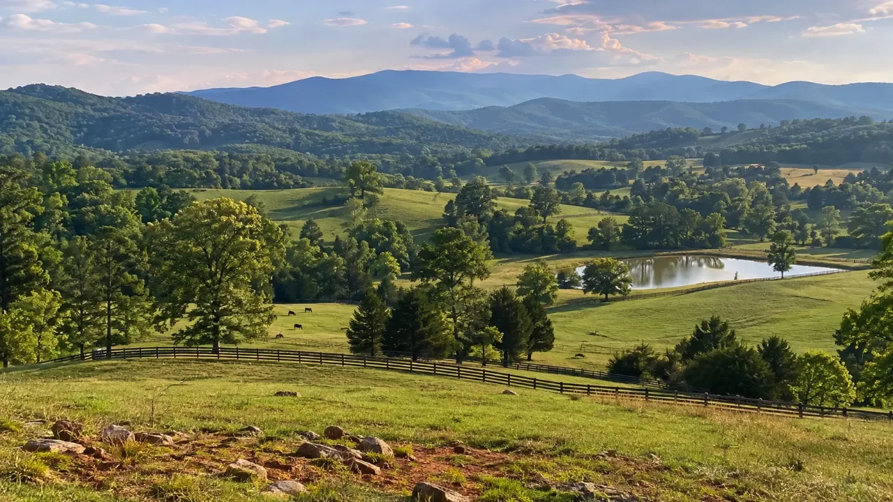 Rolling green pastures with board fences, a pond and scattered trees below layered blue mountains