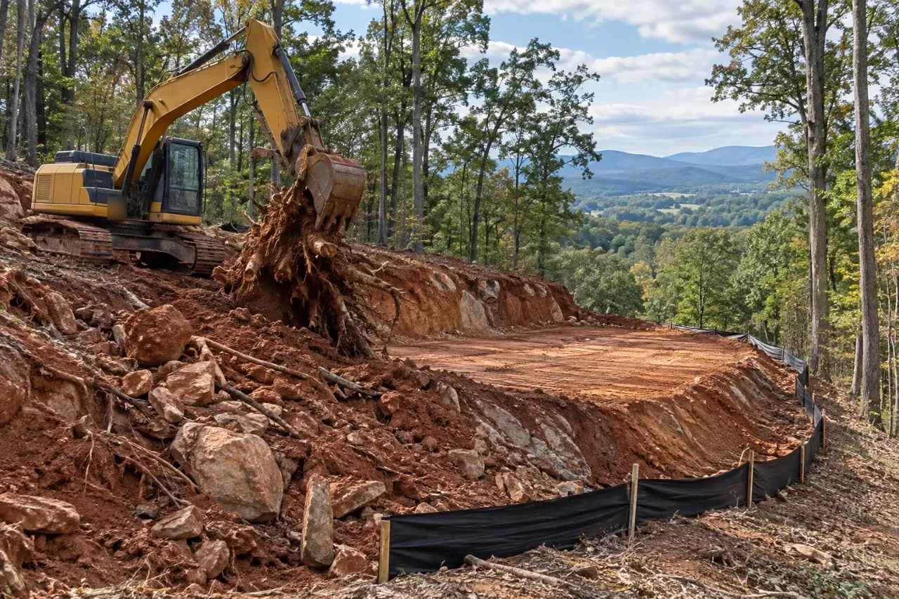 Excavator pulling a stump and its roots while a level house pad is cut into a rocky red clay hillside, with silt fence along the downhill edge