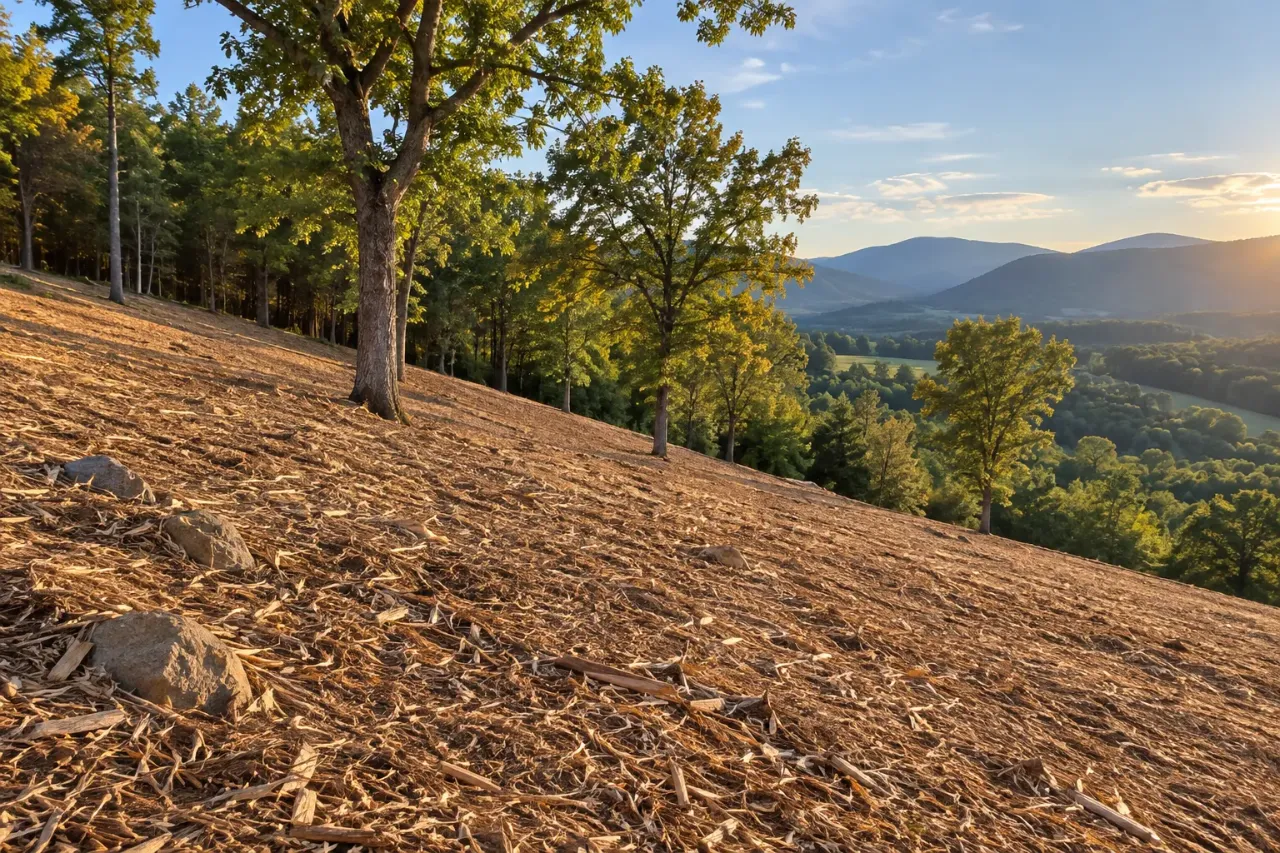 Hillside covered in fresh wood chips after mulching, with large oaks left standing and mountains beyond