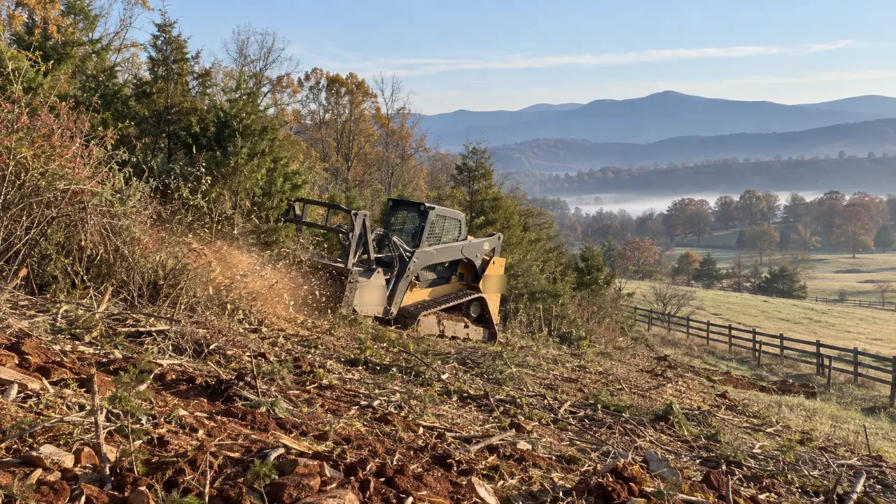 Compact track loader with a forestry mulching head clearing cedar and brush on a hillside above a board-fenced pasture, with mountains in the distance