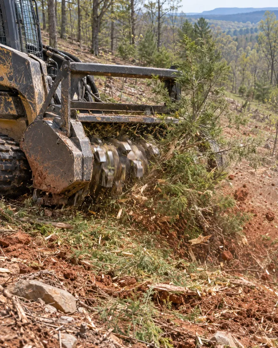 Forestry mulching head shredding a young cedar on a wooded hillside, with chips and red clay flying