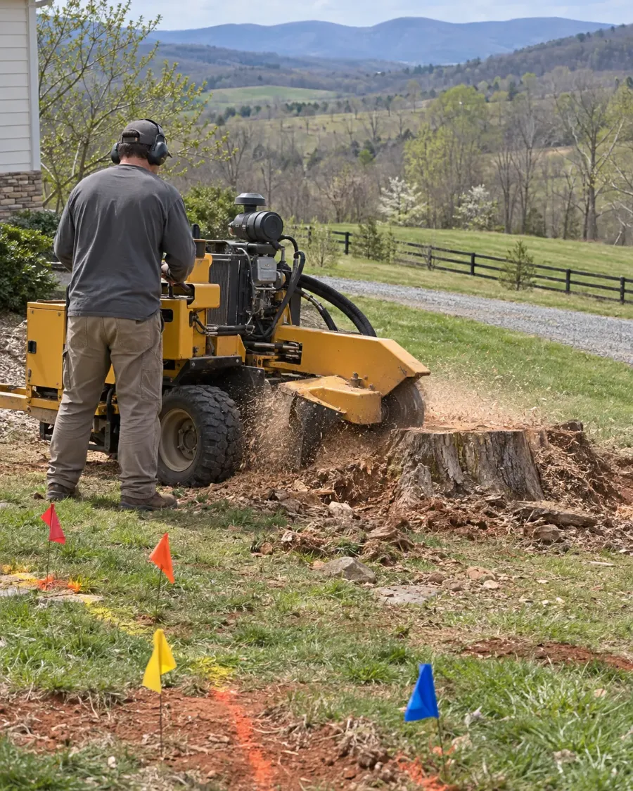 Person running a stump grinder on a large stump in a rural yard, with colored utility flags and paint marks in the grass and hills behind