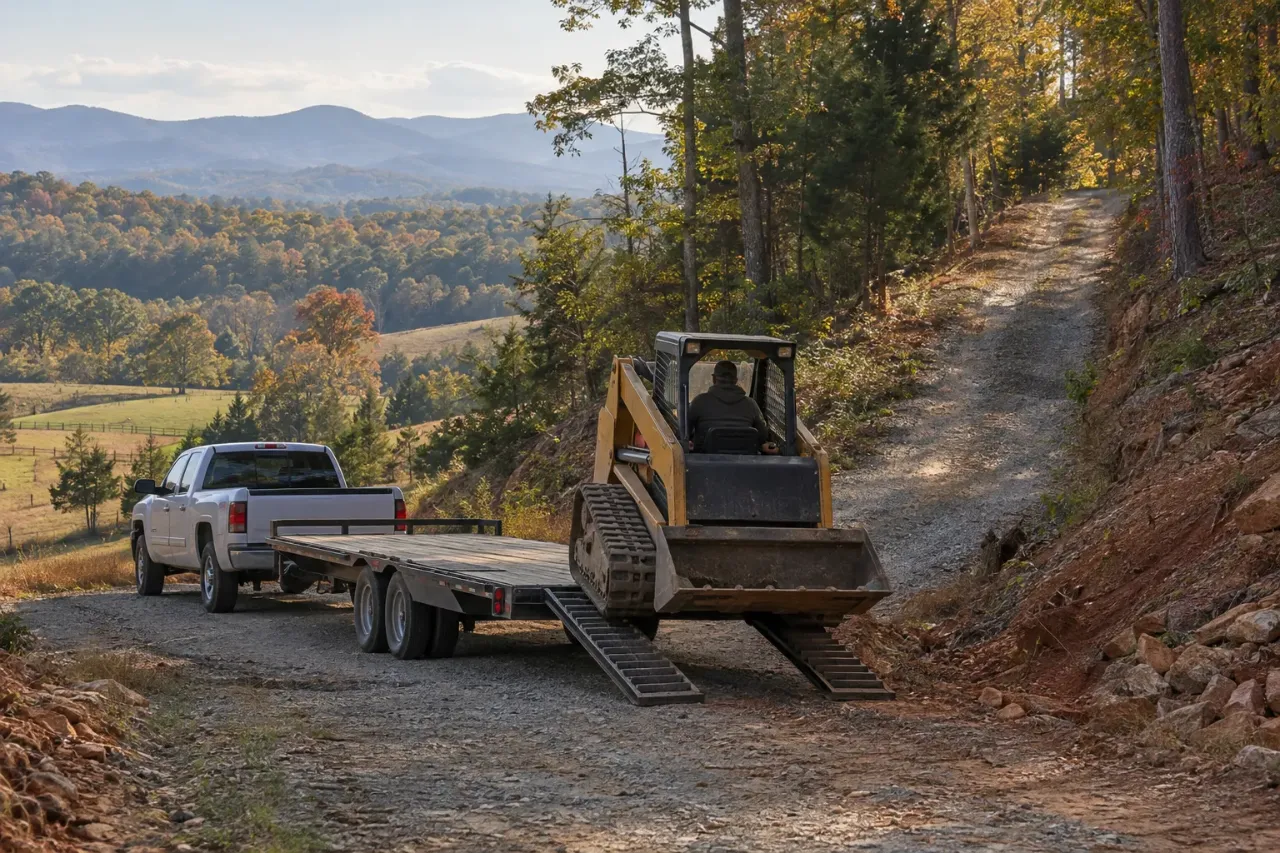 Compact track loader at the ramps of an equipment trailer behind a pickup, on a gravel lane that climbs into the woods