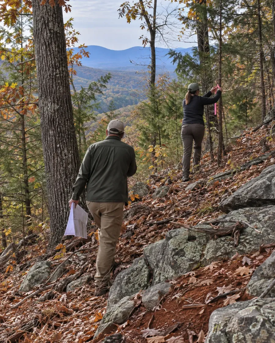 Two people seen from behind walking a steep wooded slope, one carrying a map and one tying pink flagging tape to a tree